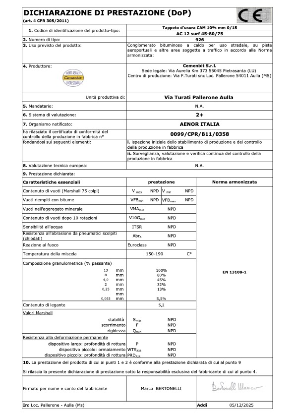 DoP 926-Tappeto 0-15 Conglomerato bituminoso